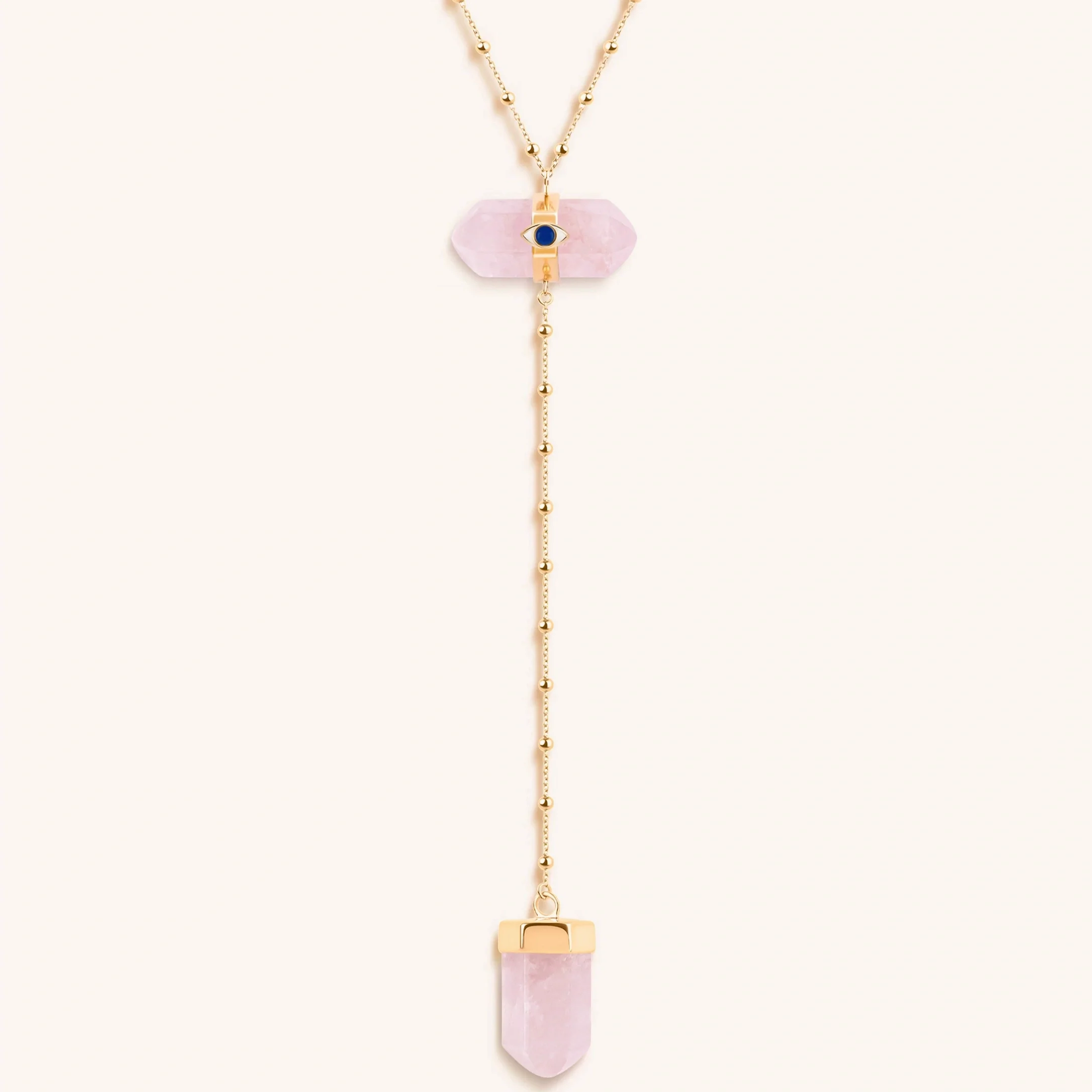 Open Hearted - Gold Rose Quartz Evil Eye Double Pointer Necklace - Image 4