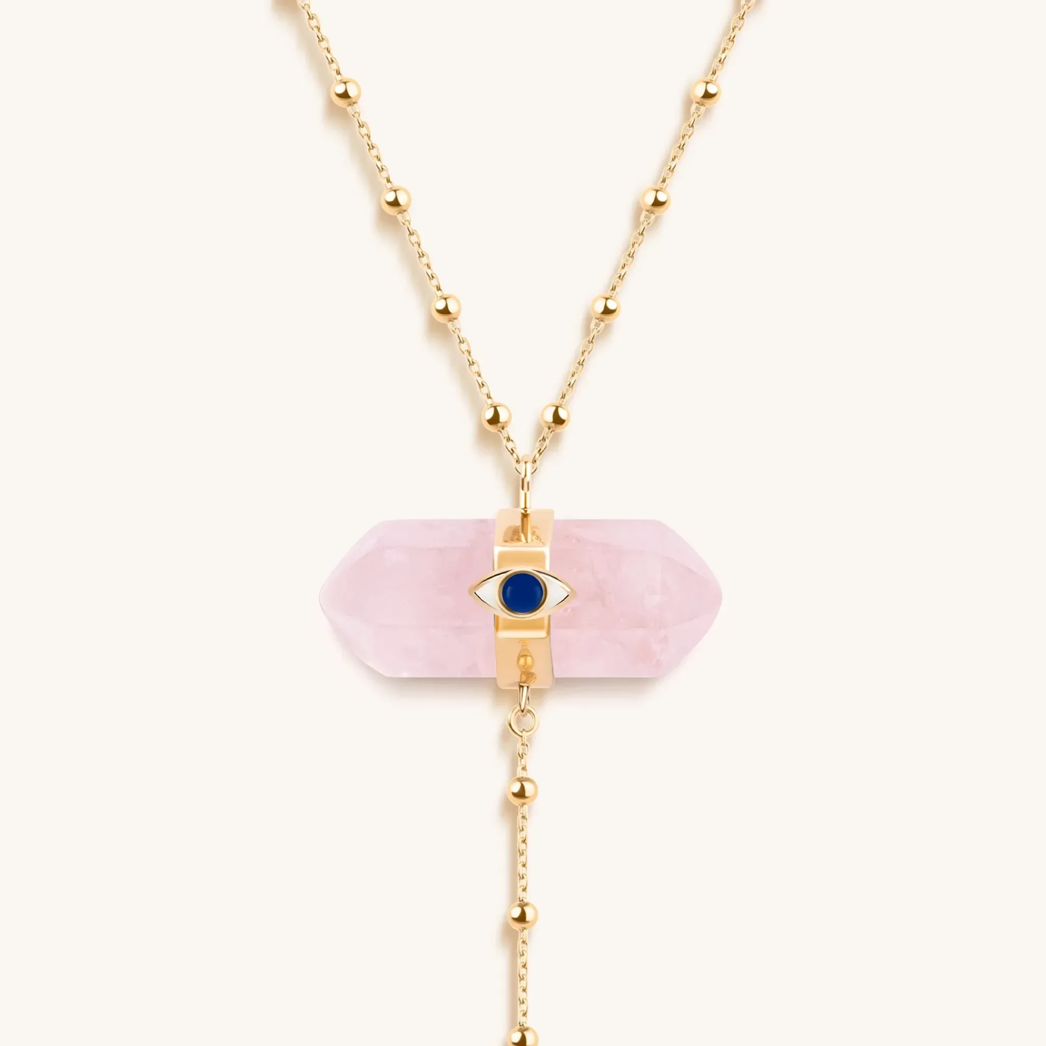 Open Hearted - Gold Rose Quartz Evil Eye Double Pointer Necklace - Image 5