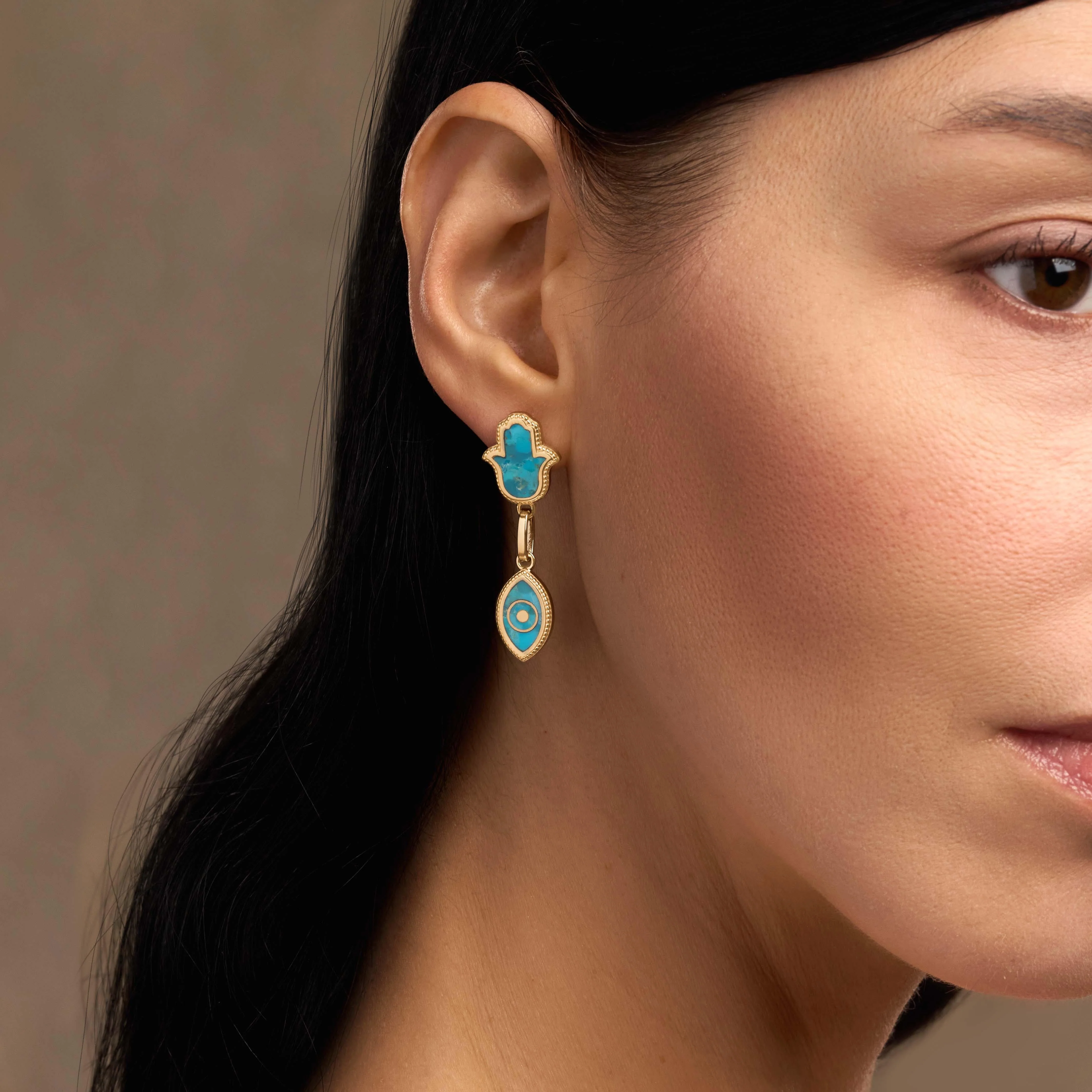 Peaceful Mindset Turquoise Evil Eye & Hamsa Gold Earrings - Image 2