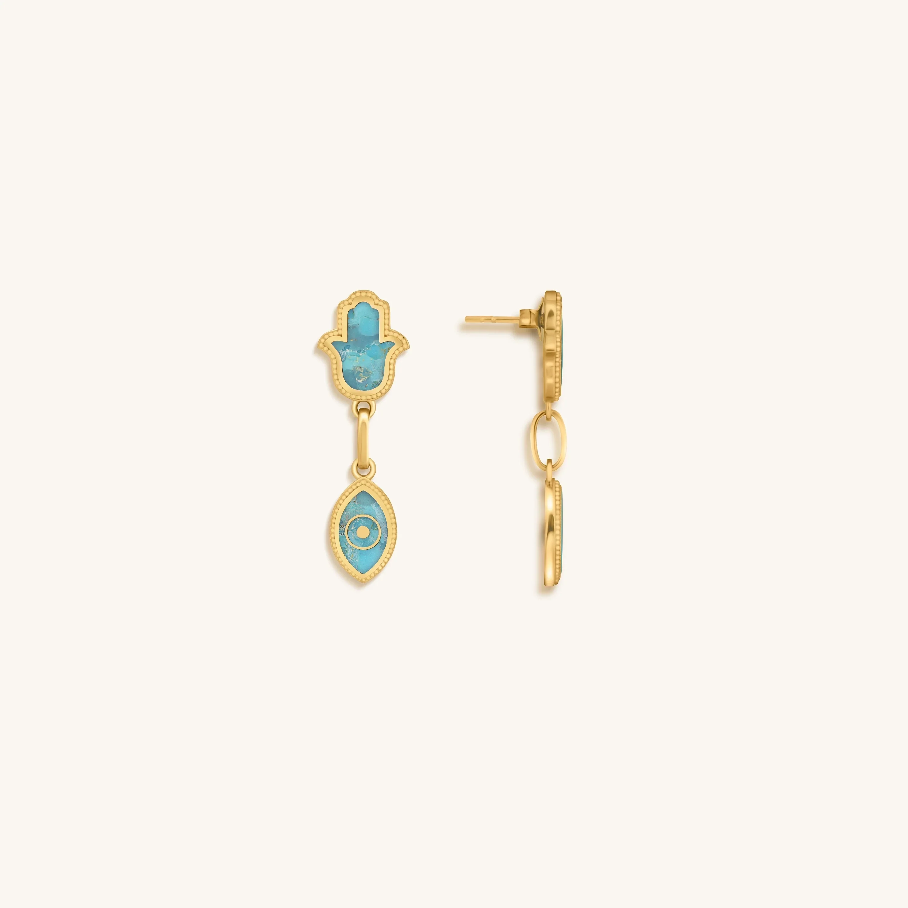 Peaceful Mindset Turquoise Evil Eye & Hamsa Gold Earrings - Image 3