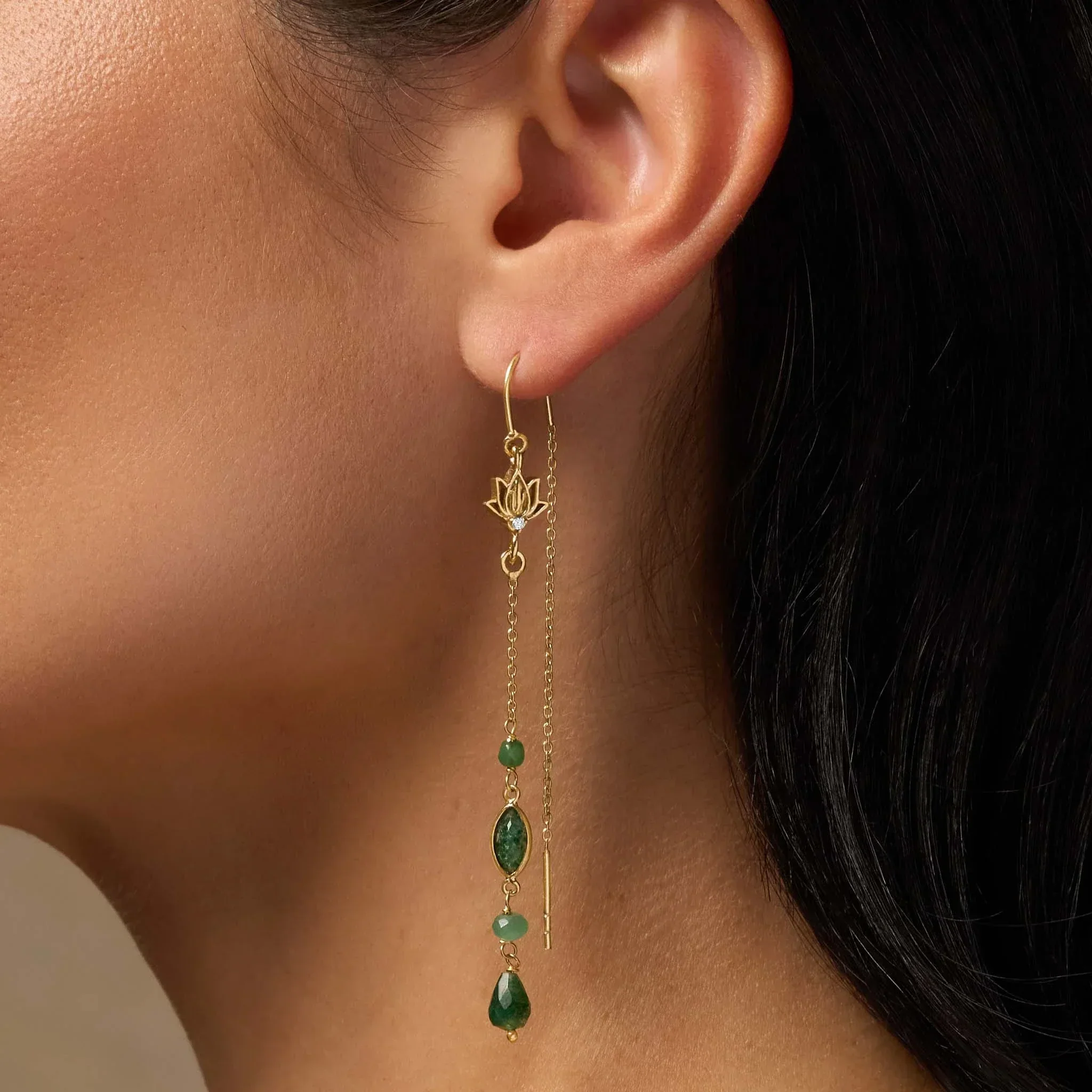 Peaceful Perspective Lotus Jade Drop Gold Earrings - Image 2