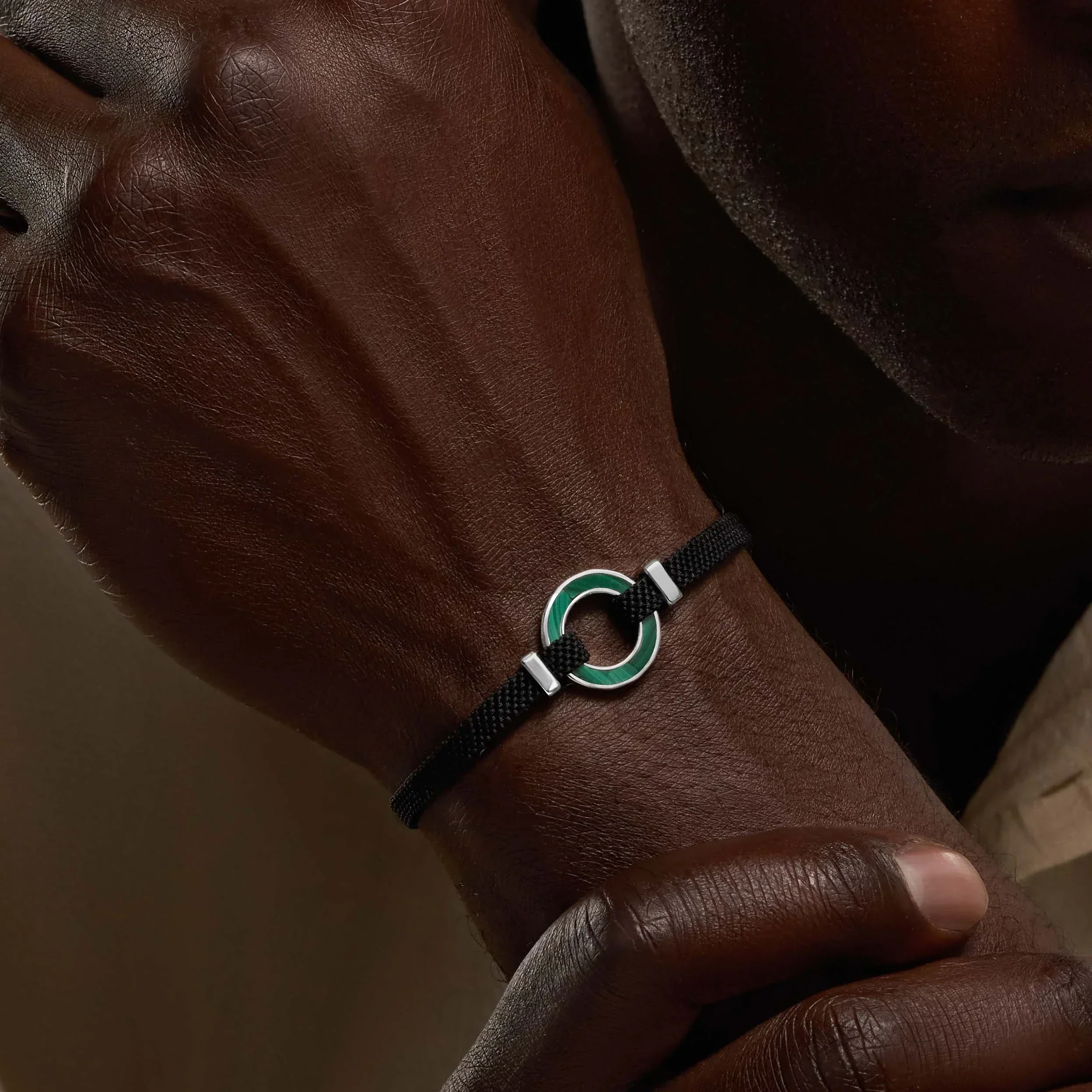 Positive Vibrations Malachite Karma Circle Men’s Black String Bracelet - Image 2