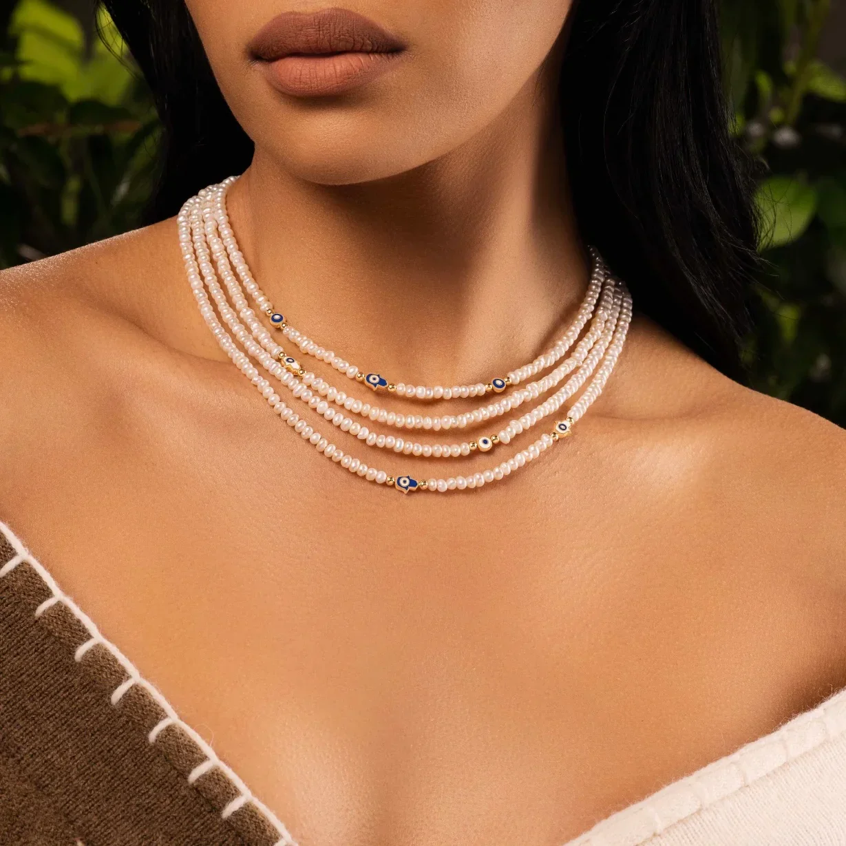 Protective Subtlety - Evil Eye Hamsa Pearl Necklace - Image 2