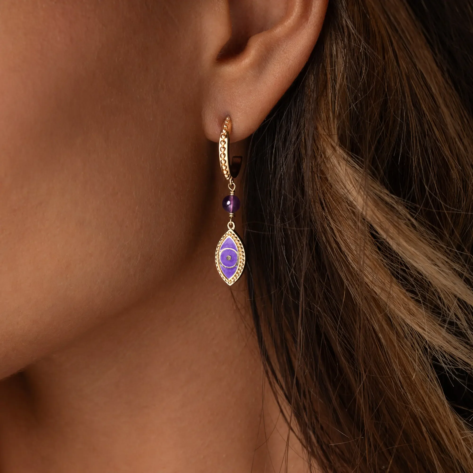 Radiant Clarity Amethyst Evil Eye Gold Earrings - Image 2