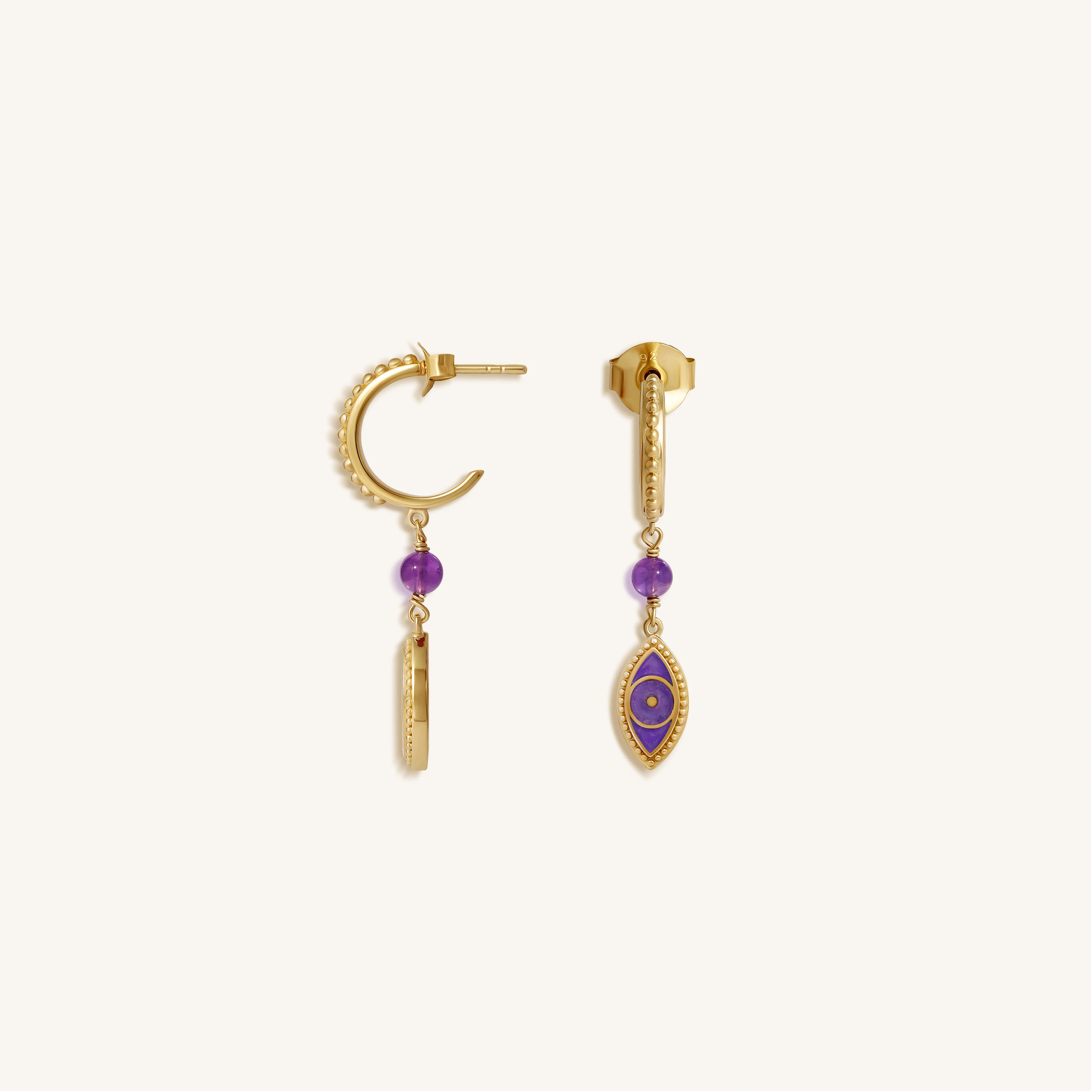 Radiant Clarity Amethyst Evil Eye Gold Earrings - Image 4