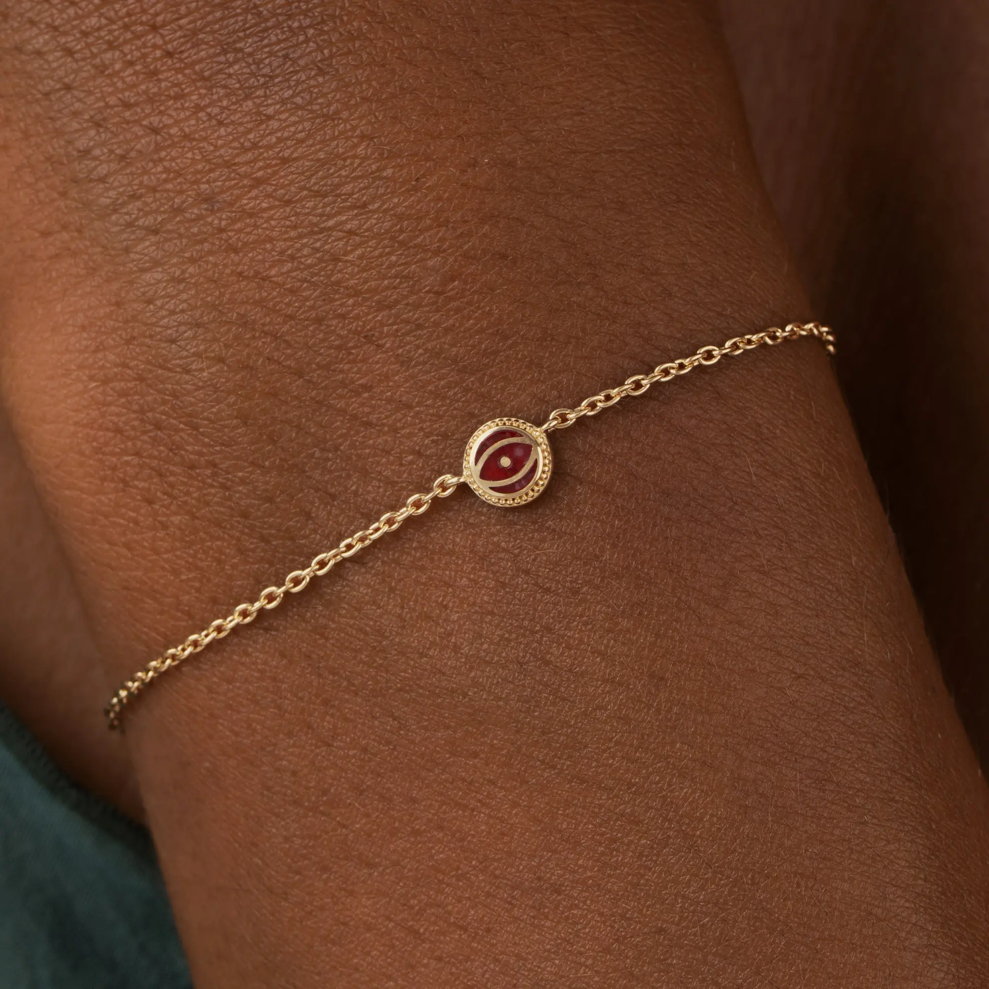 Radiant Guardian - Ruby Jade July Birthstone Evil Eye Gold Bracelet - Image 2