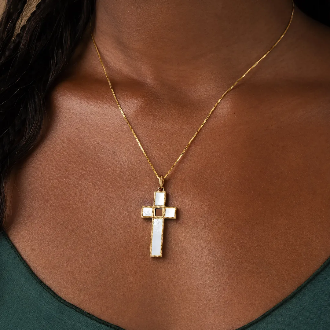Radiant Harmony Mother of Pearl Cross Bible Nano Chip Necklace - Image 2