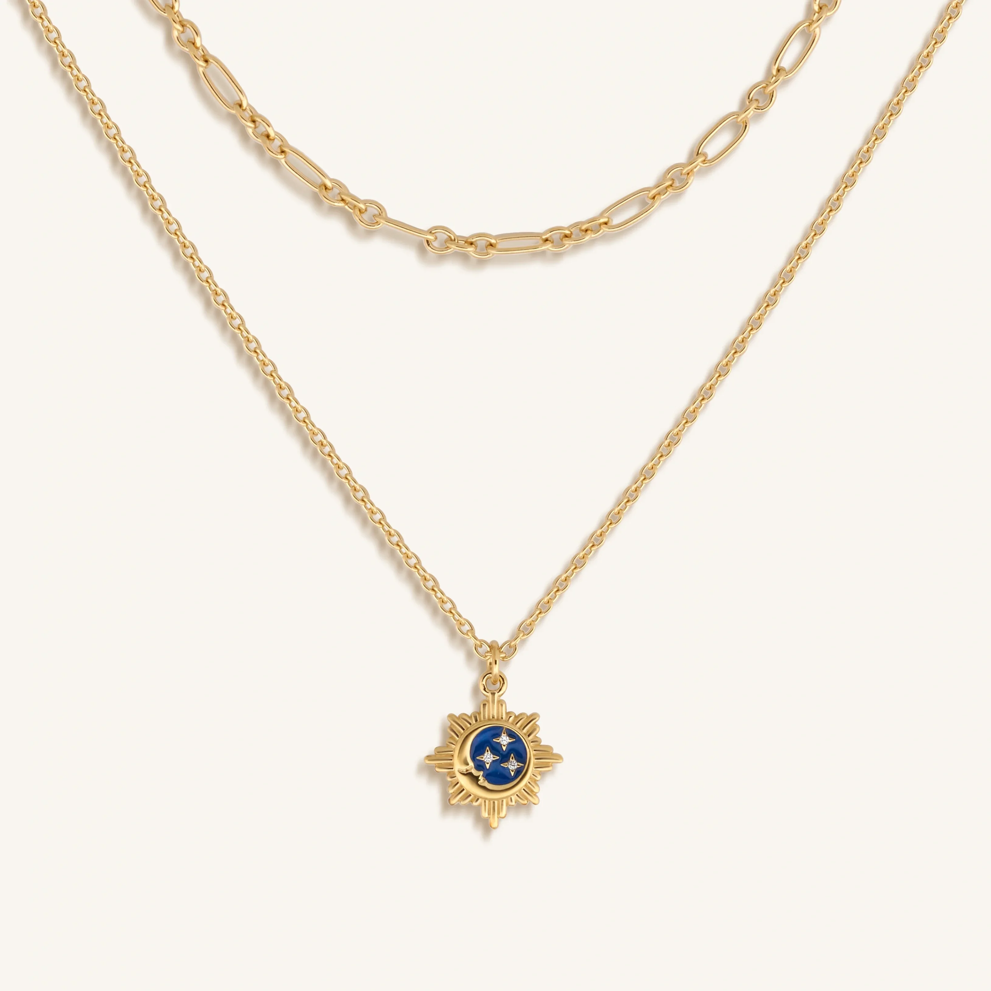 Reflected Bliss Gold Moon & Stars Double Chain Gold Necklace - Image 4
