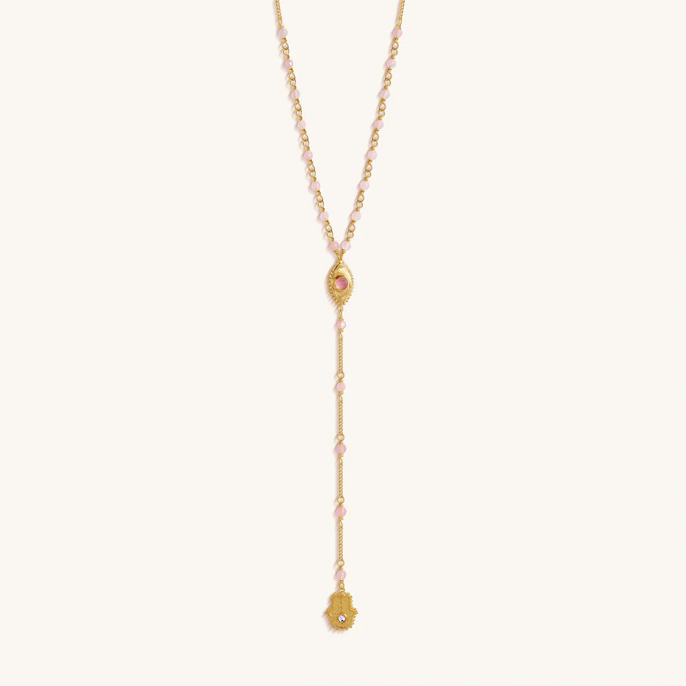 Heart of Serenity – Rose Quartz Evil Eye Hamsa Lariat Necklace