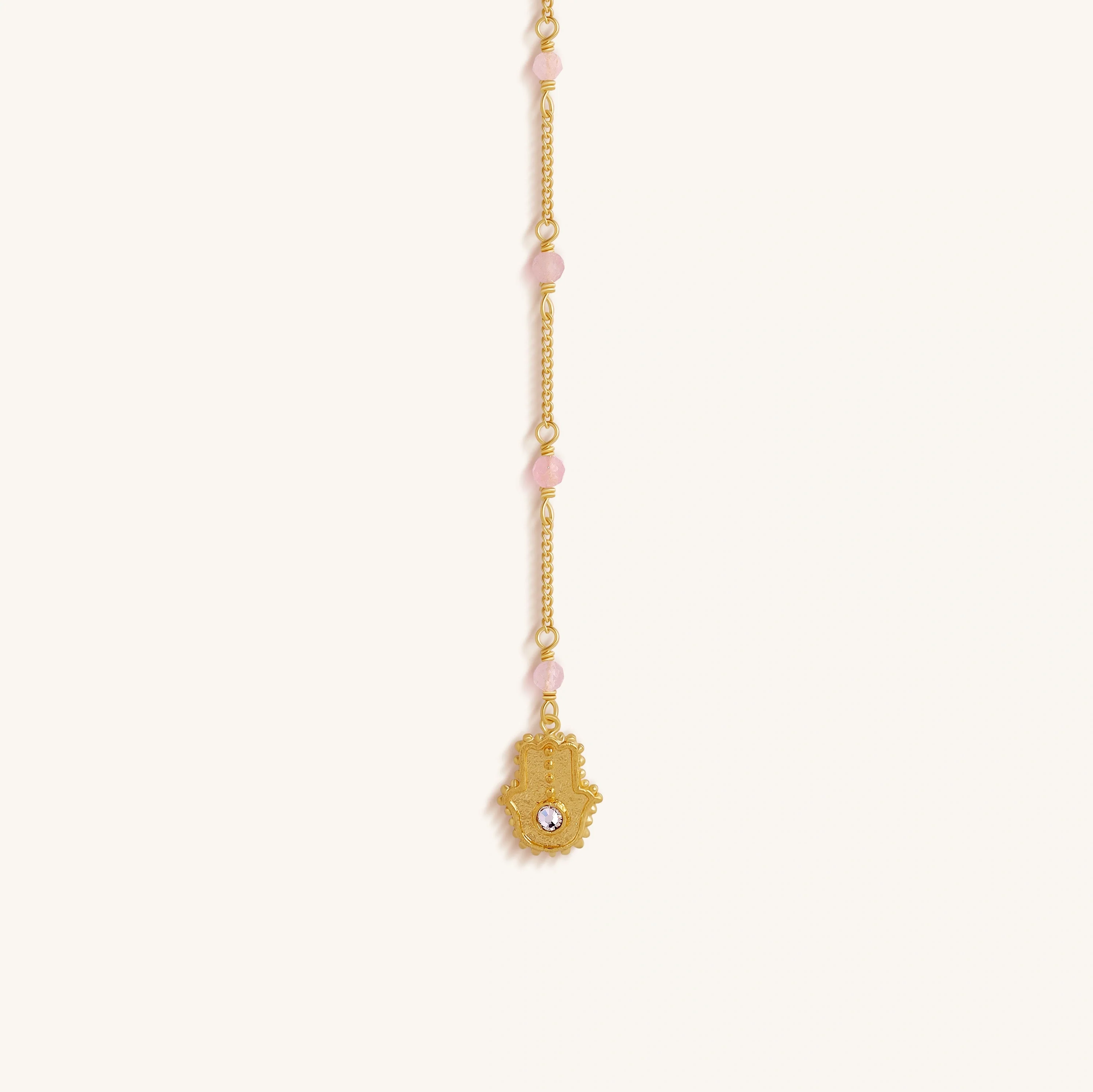 Heart of Serenity – Rose Quartz Evil Eye Hamsa Lariat Necklace - Image 4