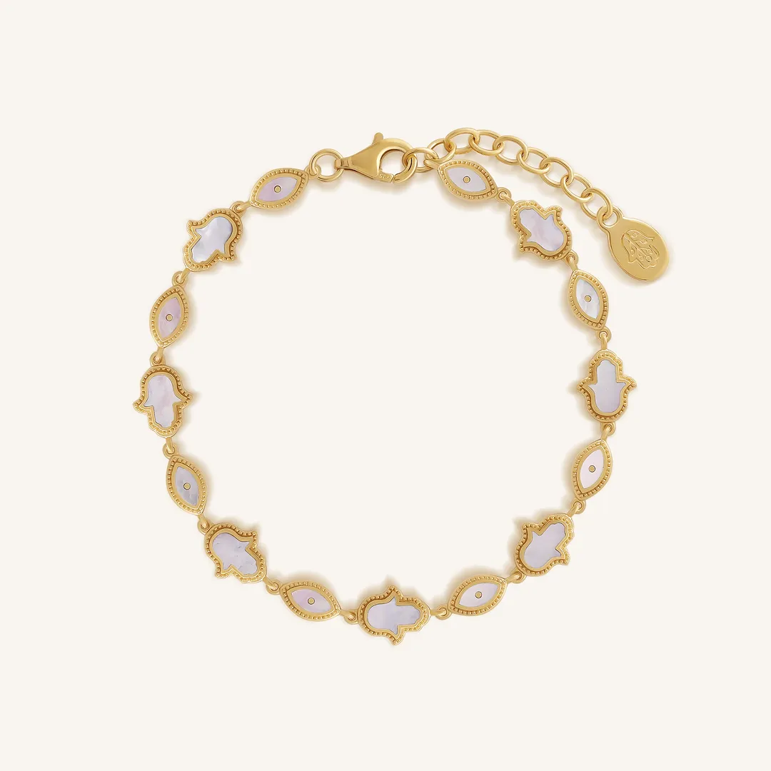 Sacred Light Mother of Pearl Evil Eye & Hamsa Gold Bracelet