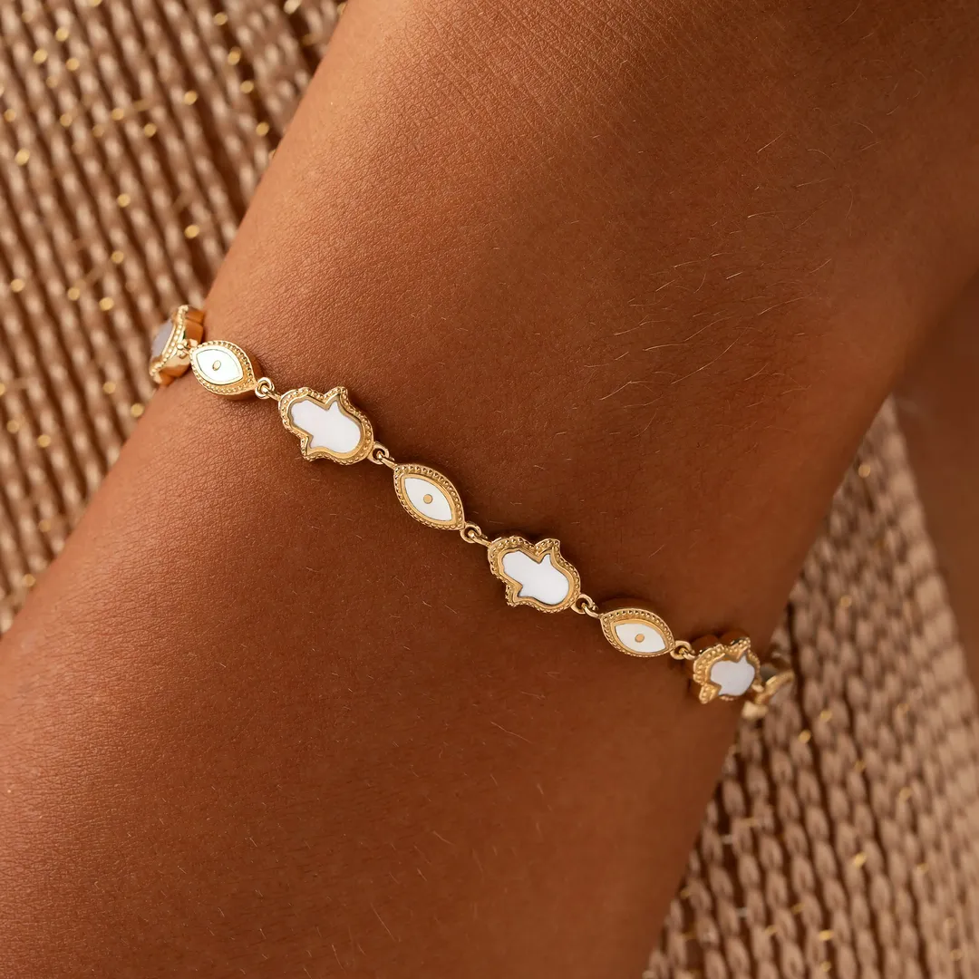 Sacred Light Mother of Pearl Evil Eye & Hamsa Gold Bracelet - Image 2