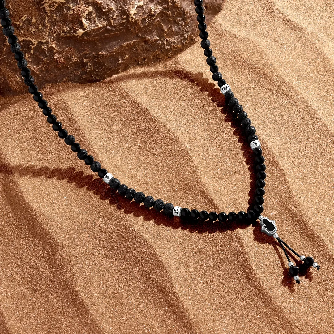 Shielded Path – Hamsa Onyx & Lava Necklace