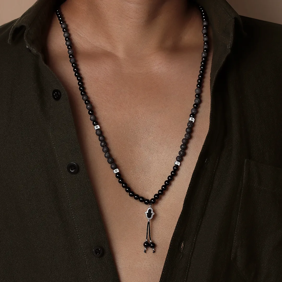 Shielded Path – Hamsa Onyx & Lava Necklace - Image 4