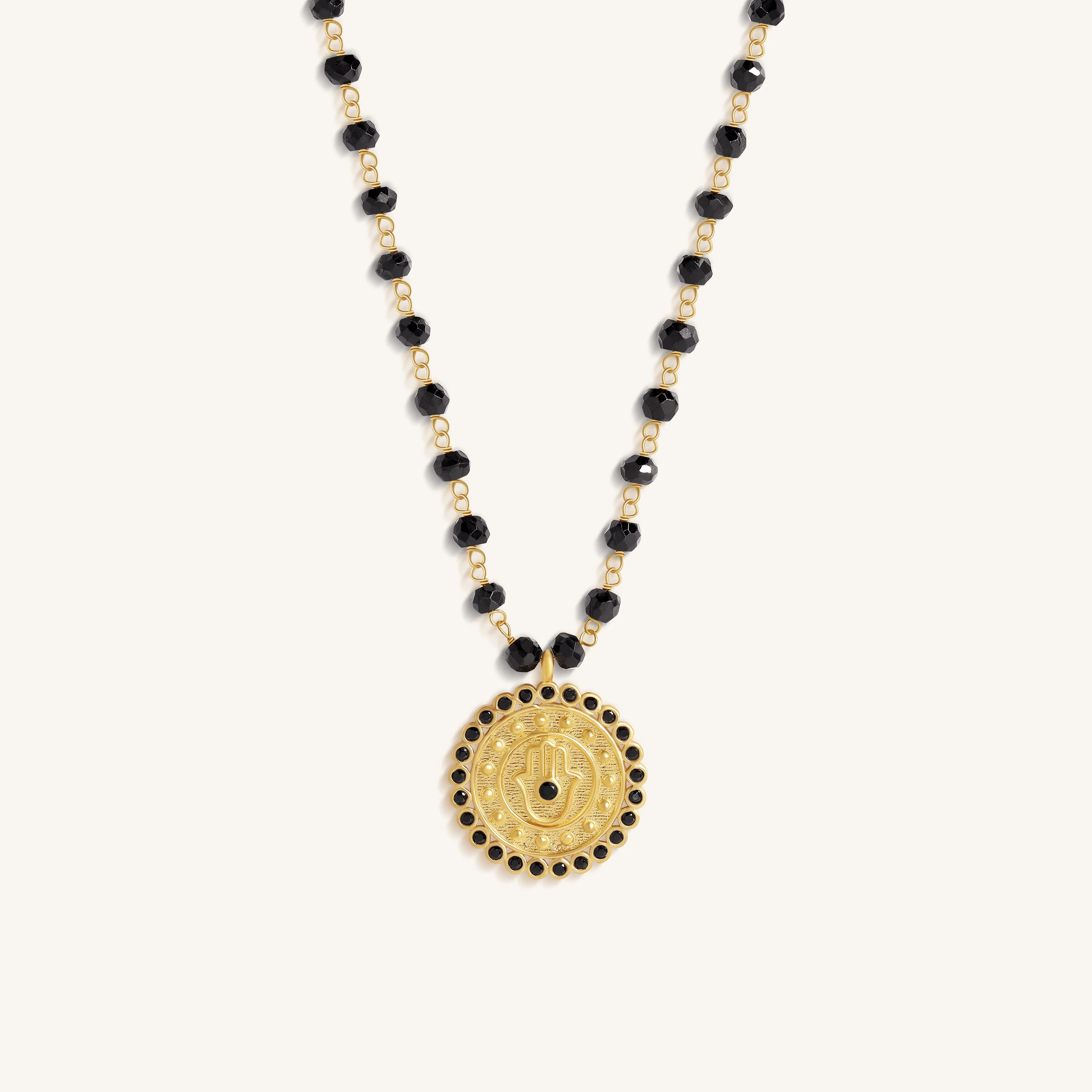 Silent Guard Hamsa Onyx Gold Necklace
