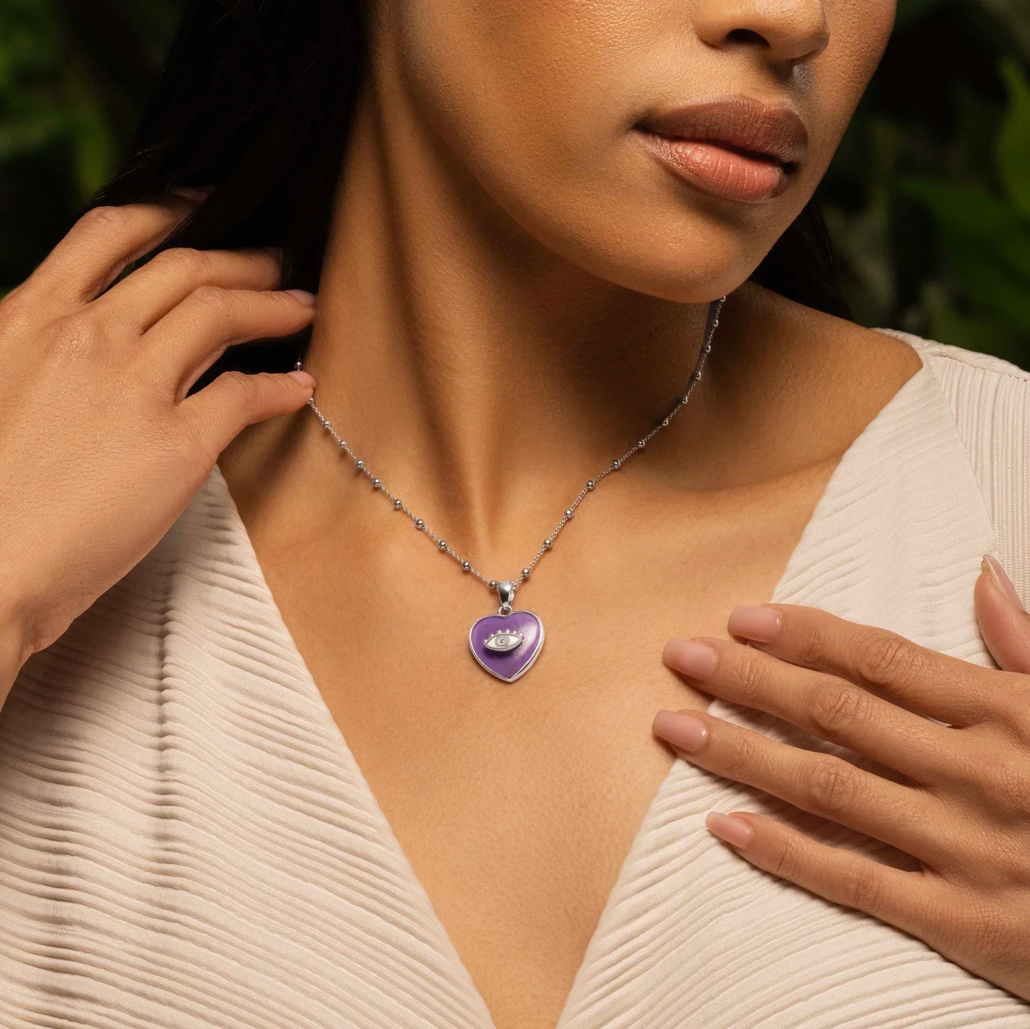 Soothing Love - Amethyst Heart Diamond Evil Eye Necklace - Image 2