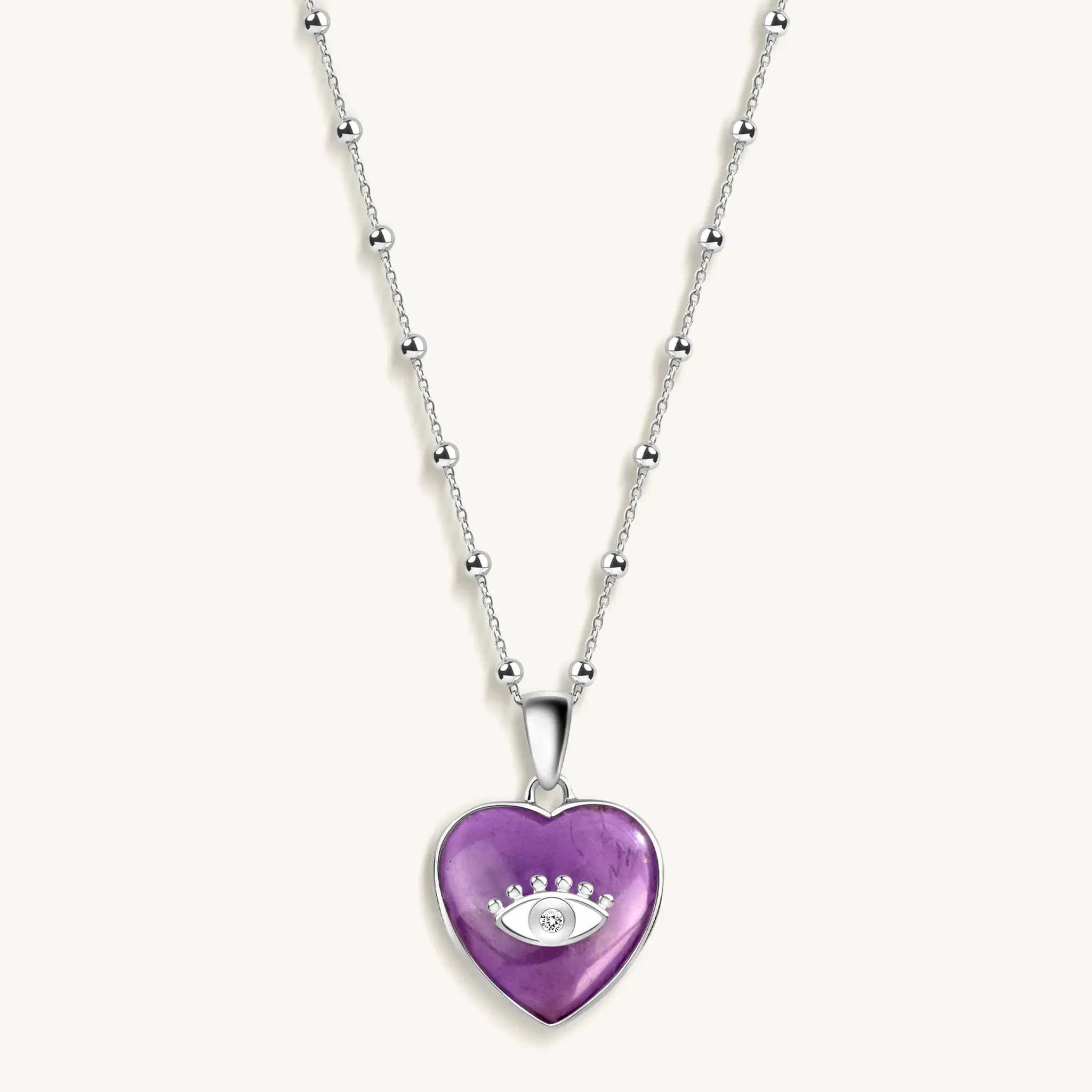 Soothing Love - Amethyst Heart Diamond Evil Eye Necklace - Image 3