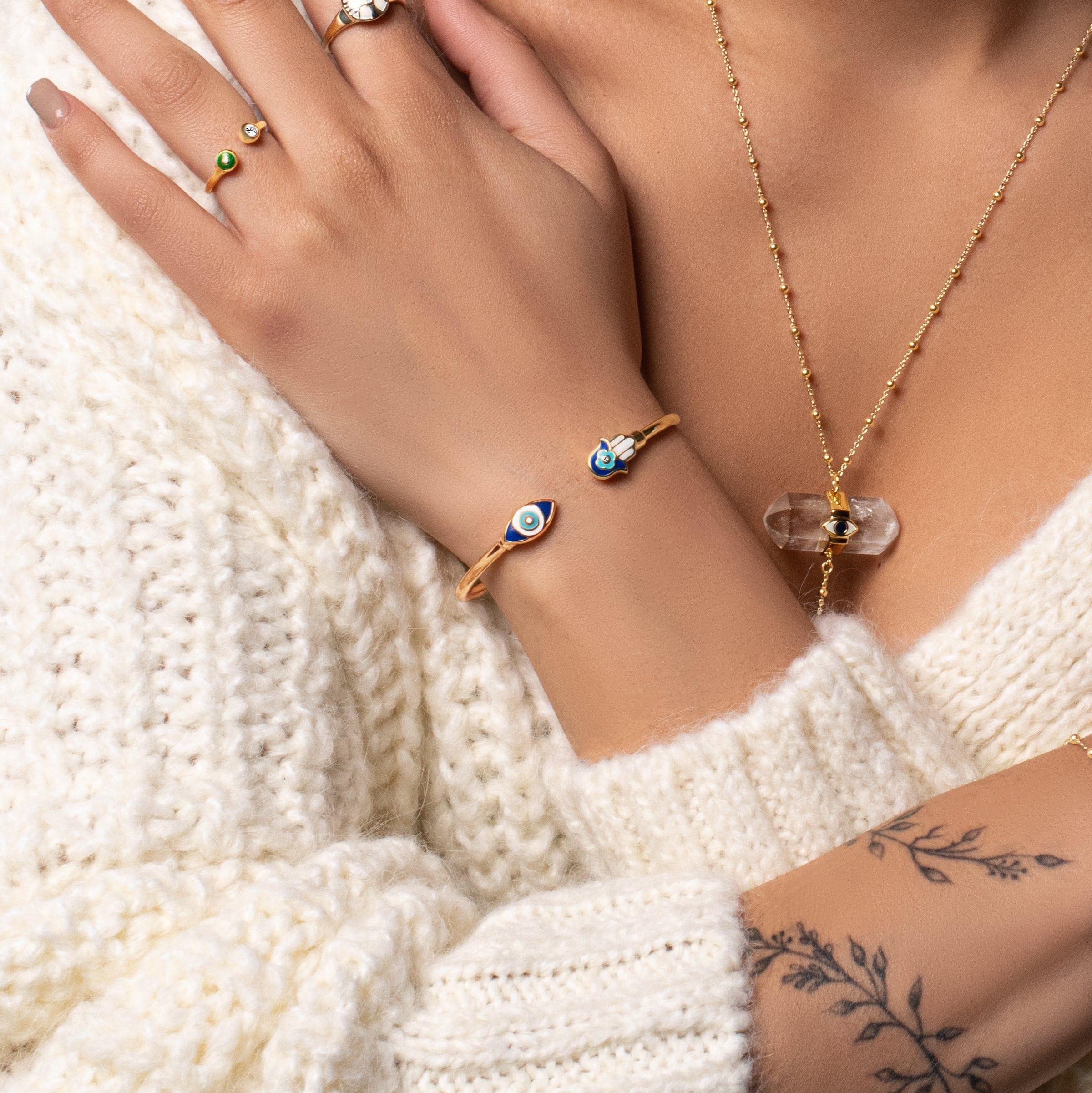 Positive Light - Enamel Hamsa Evil Eye Cuff - Image 5