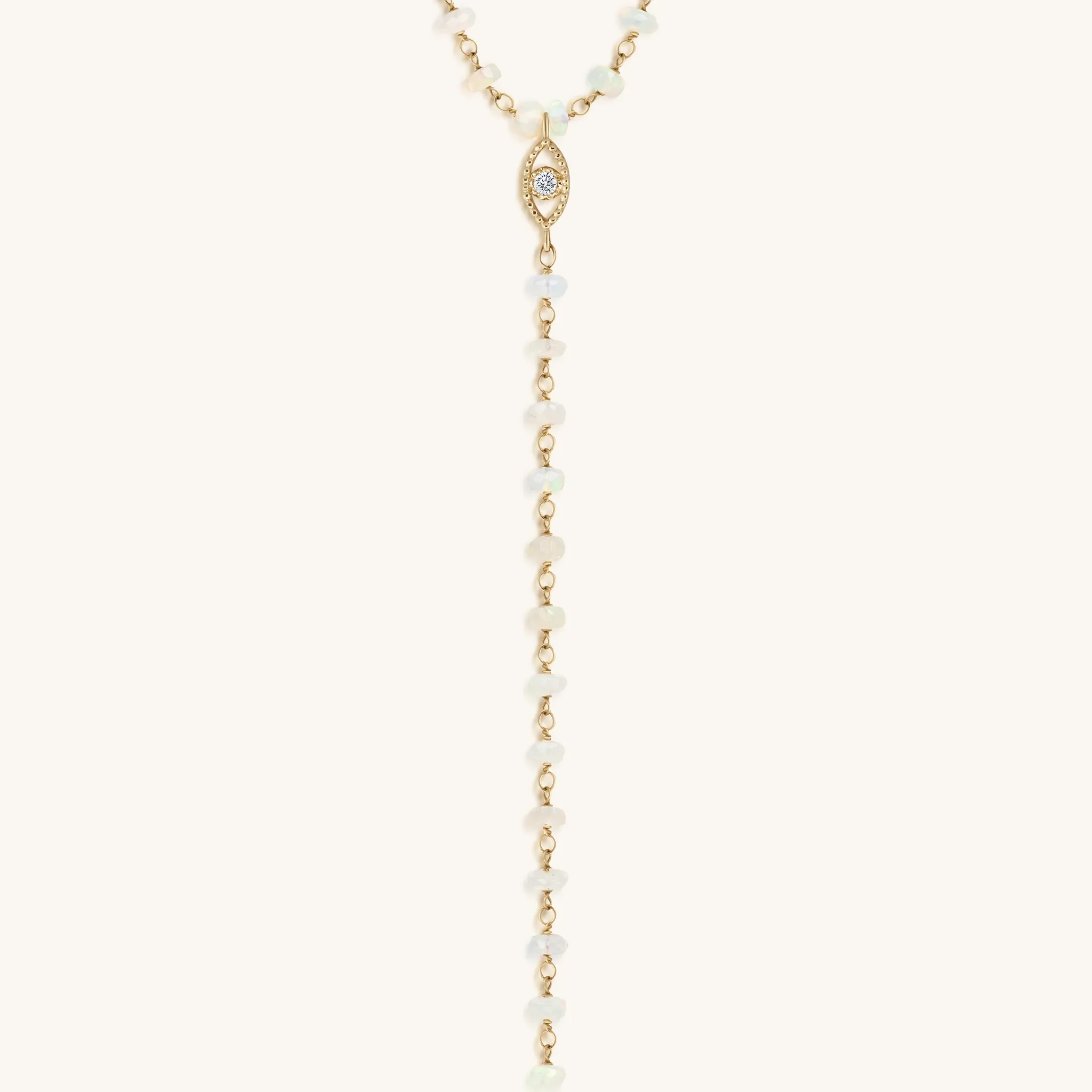 Attuned Purpose 14K Solid Gold Diamond & Ethiopian White Opal Evil Eye Rosary