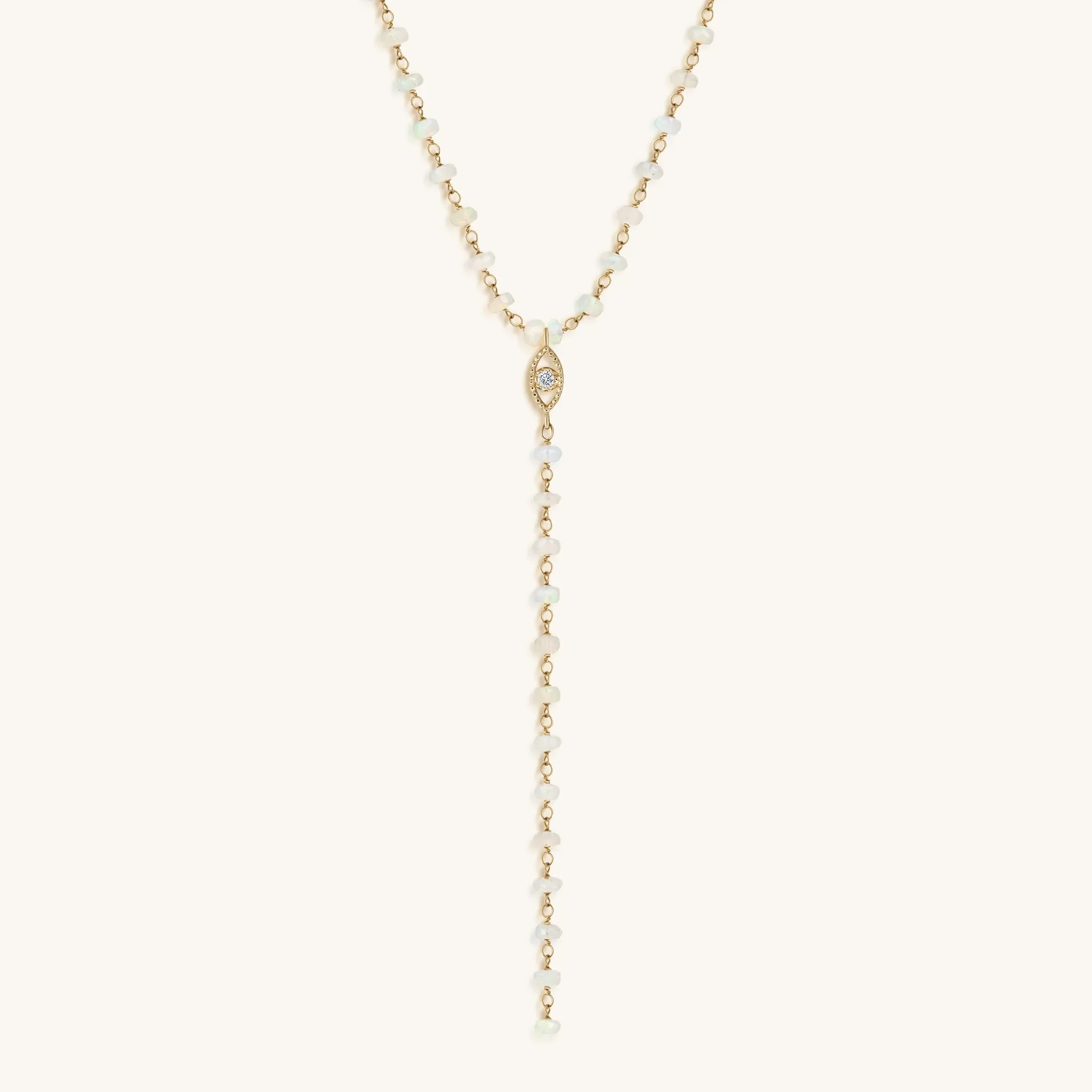 Attuned Purpose 14K Solid Gold Diamond & Ethiopian White Opal Evil Eye Rosary - Image 3