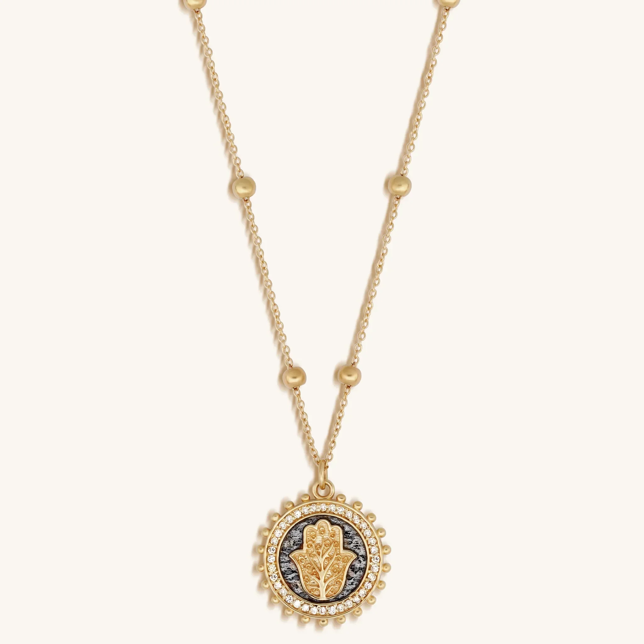 Illuminated Faith 14K Solid Gold Diamond Hamsa Medallion Necklace