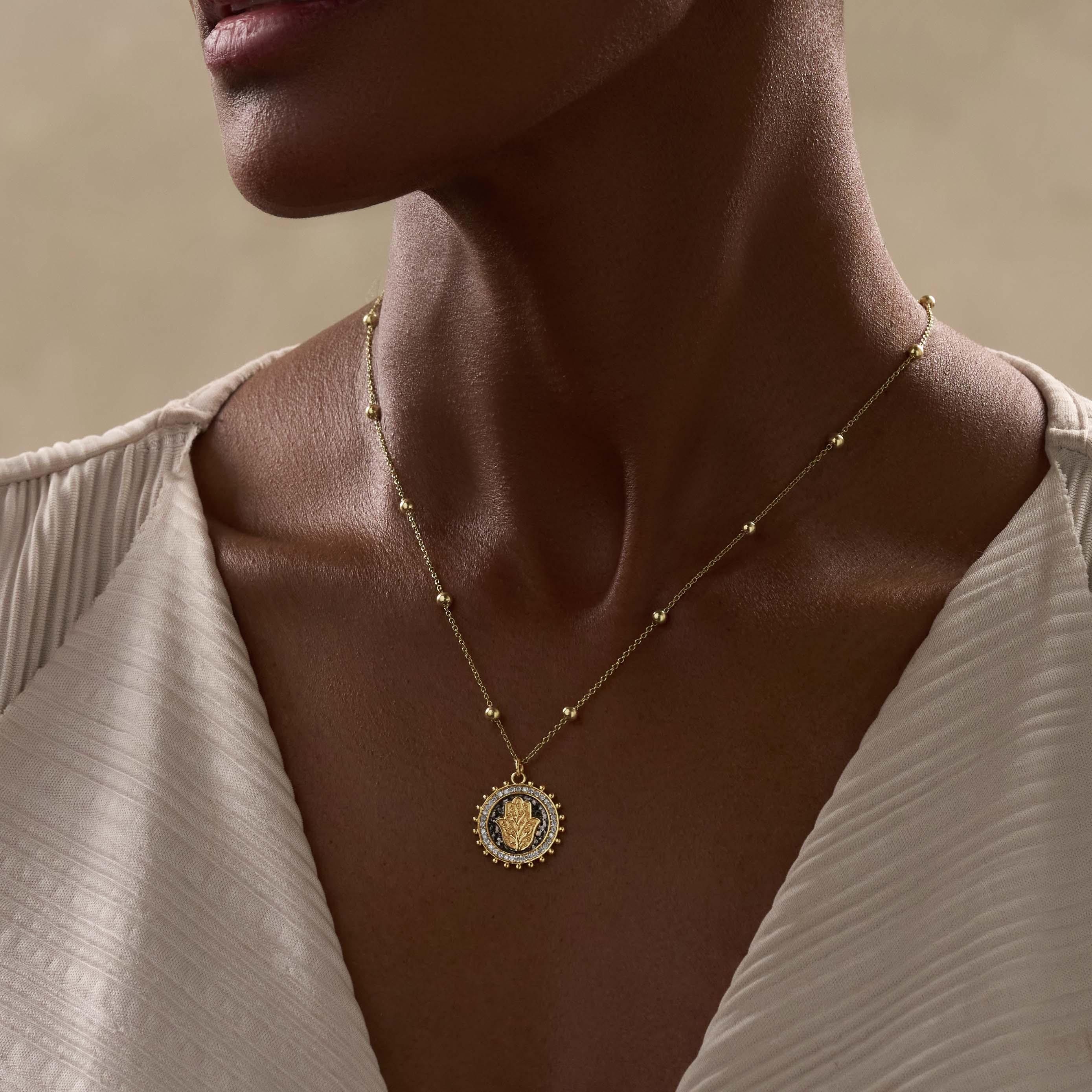 Illuminated Faith 14K Solid Gold Diamond Hamsa Medallion Necklace - Image 2