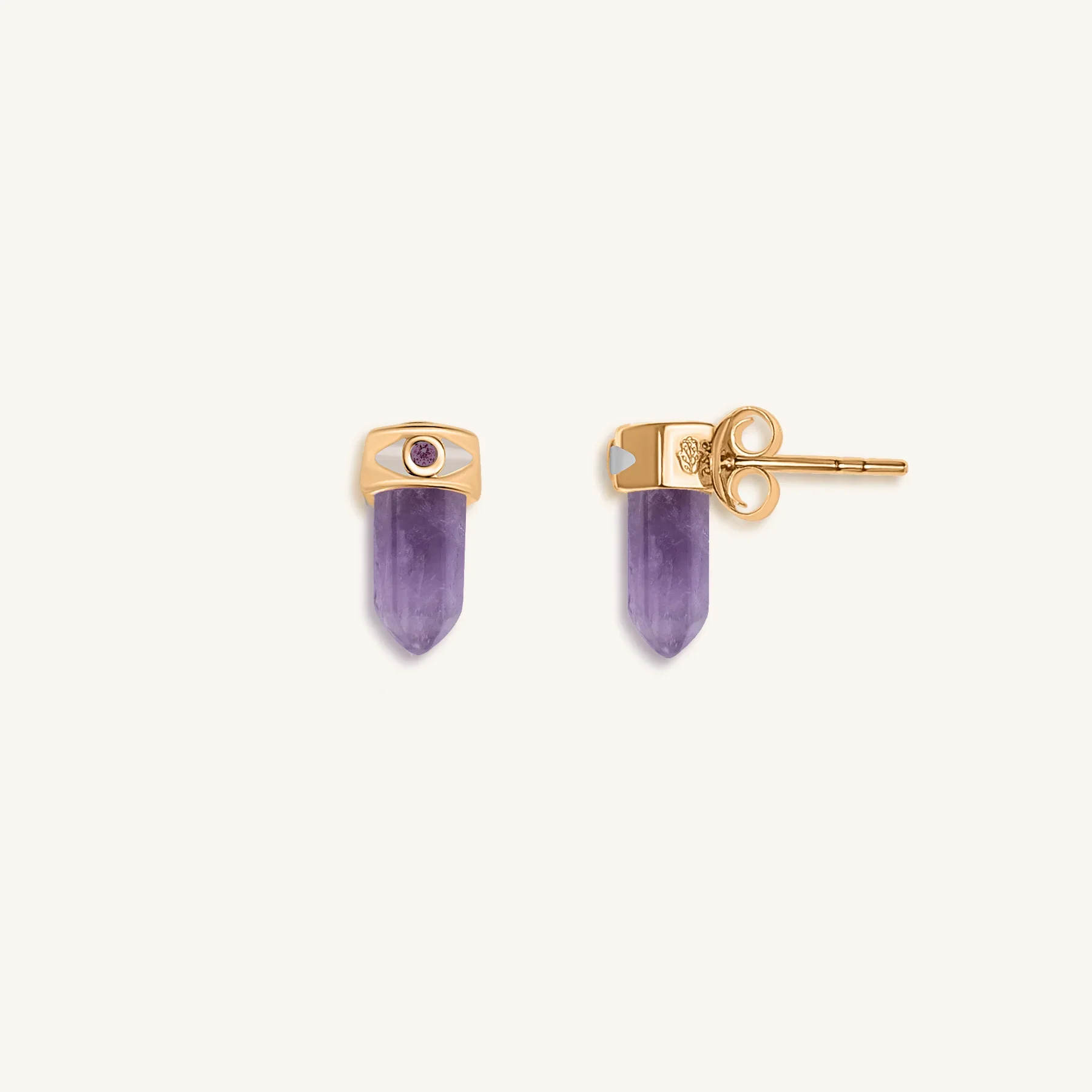 Soothing Remedy - Gold Plated Amethyst Evil Eye Pointer Earrings - Image 4