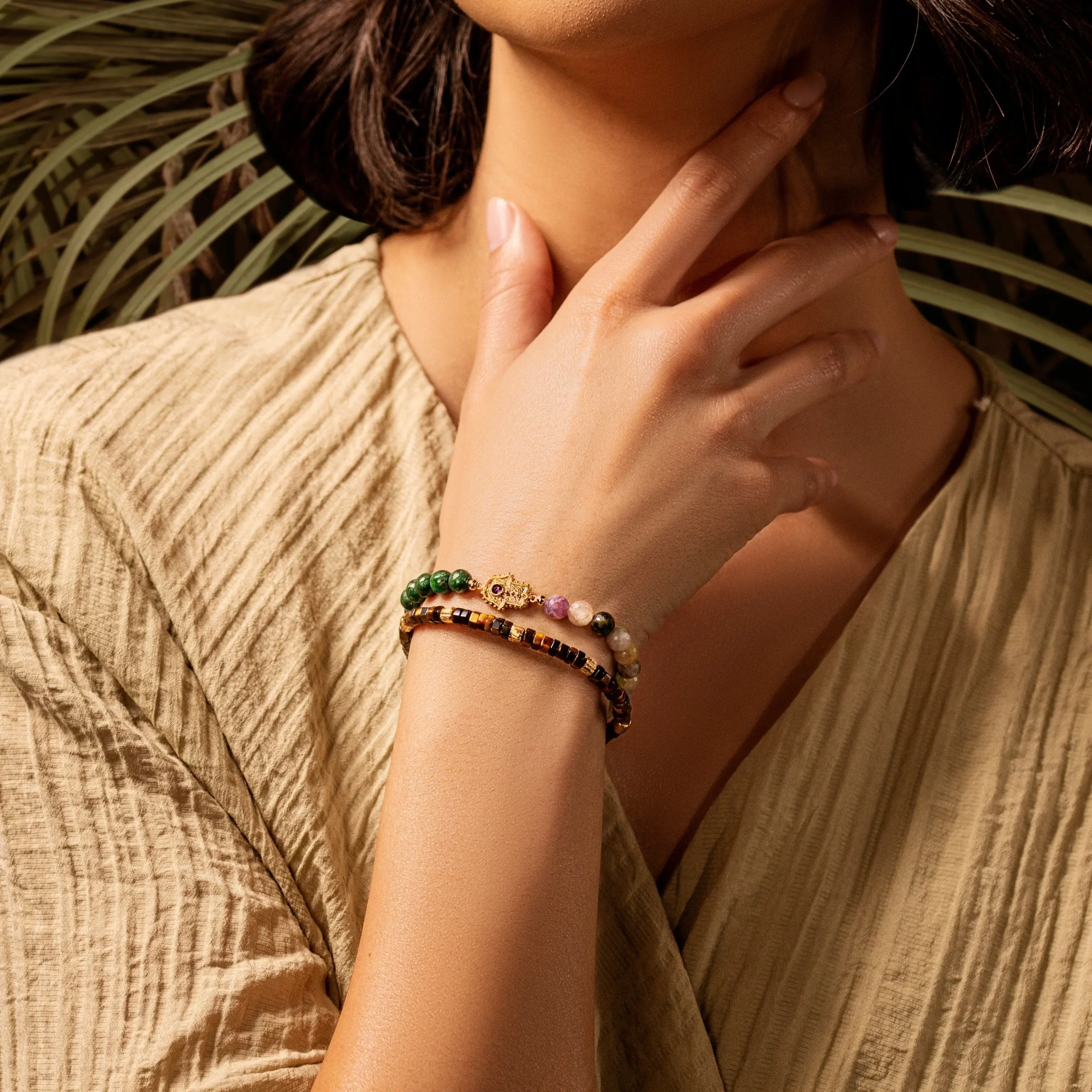 Spiritual Transformation - Green Pyrite Tourmaline Hamsa Charm Bracelet - Image 2