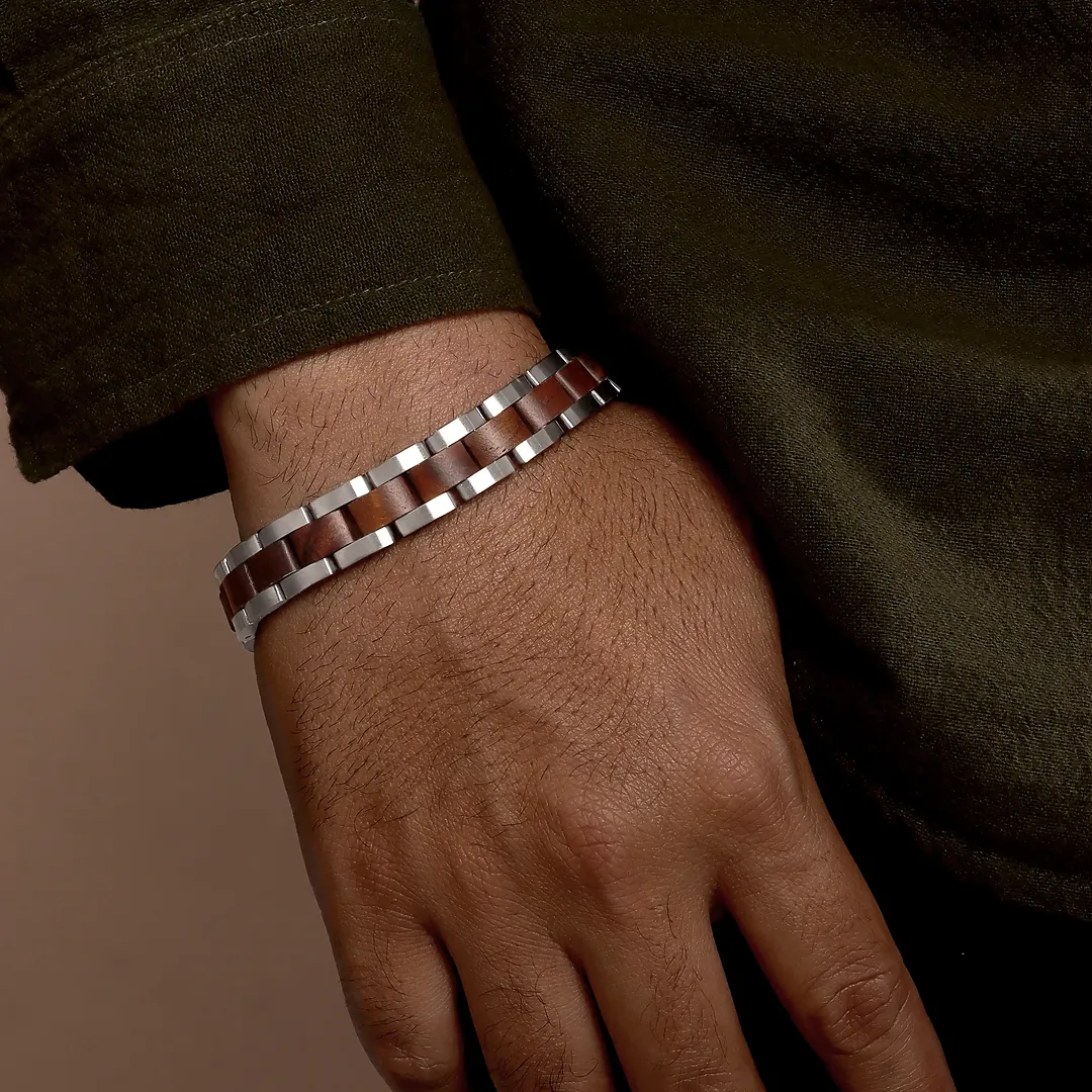 Steadfast Origin Stainless Steel Walnut Wood Bracelet - Image 2