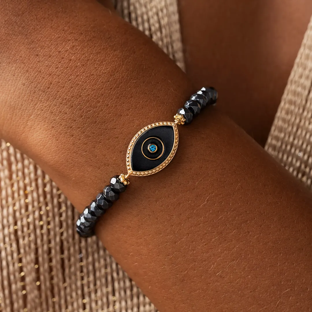 Steady Light Evil Eye Hematite & Aquamarine Gold Bracelet - Image 2