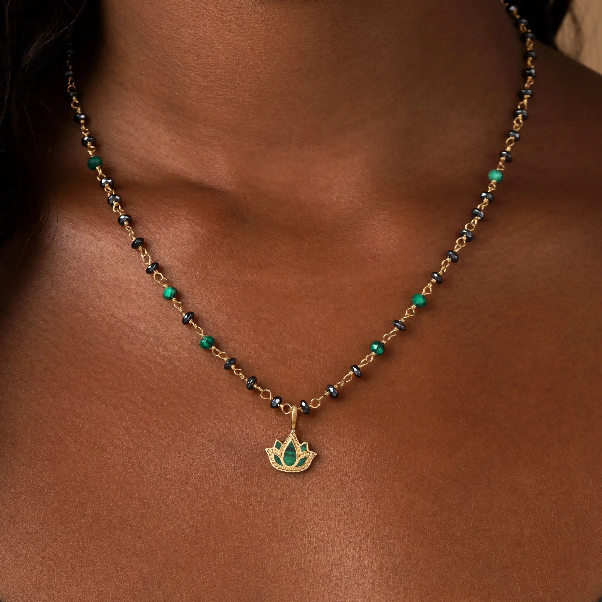 Tranquil Bloom Lotus Hematite & Malachite Necklace - Image 2