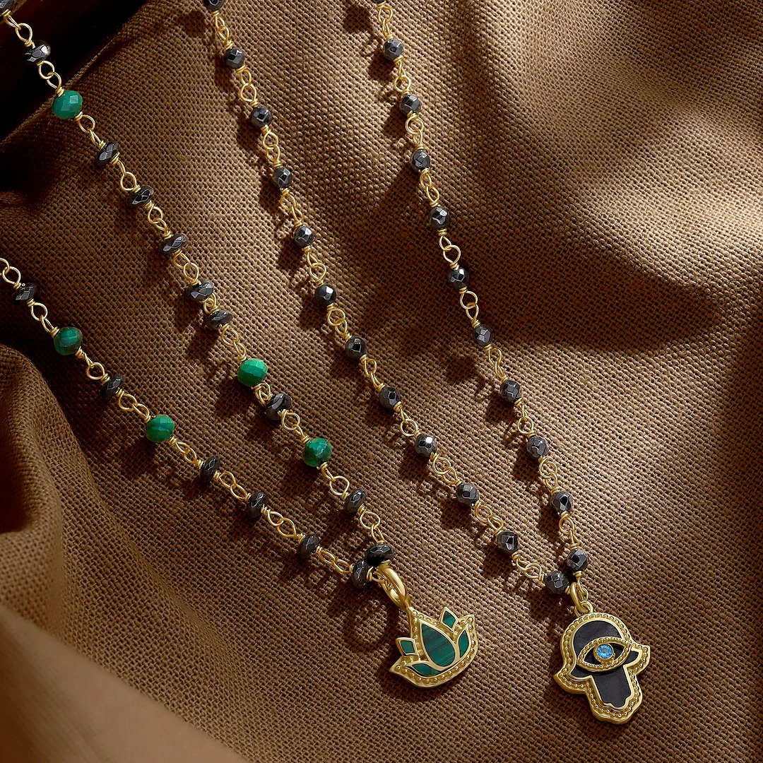 Celestial Flow – Hamsa Hematite & Aquamarine Necklace - Image 5