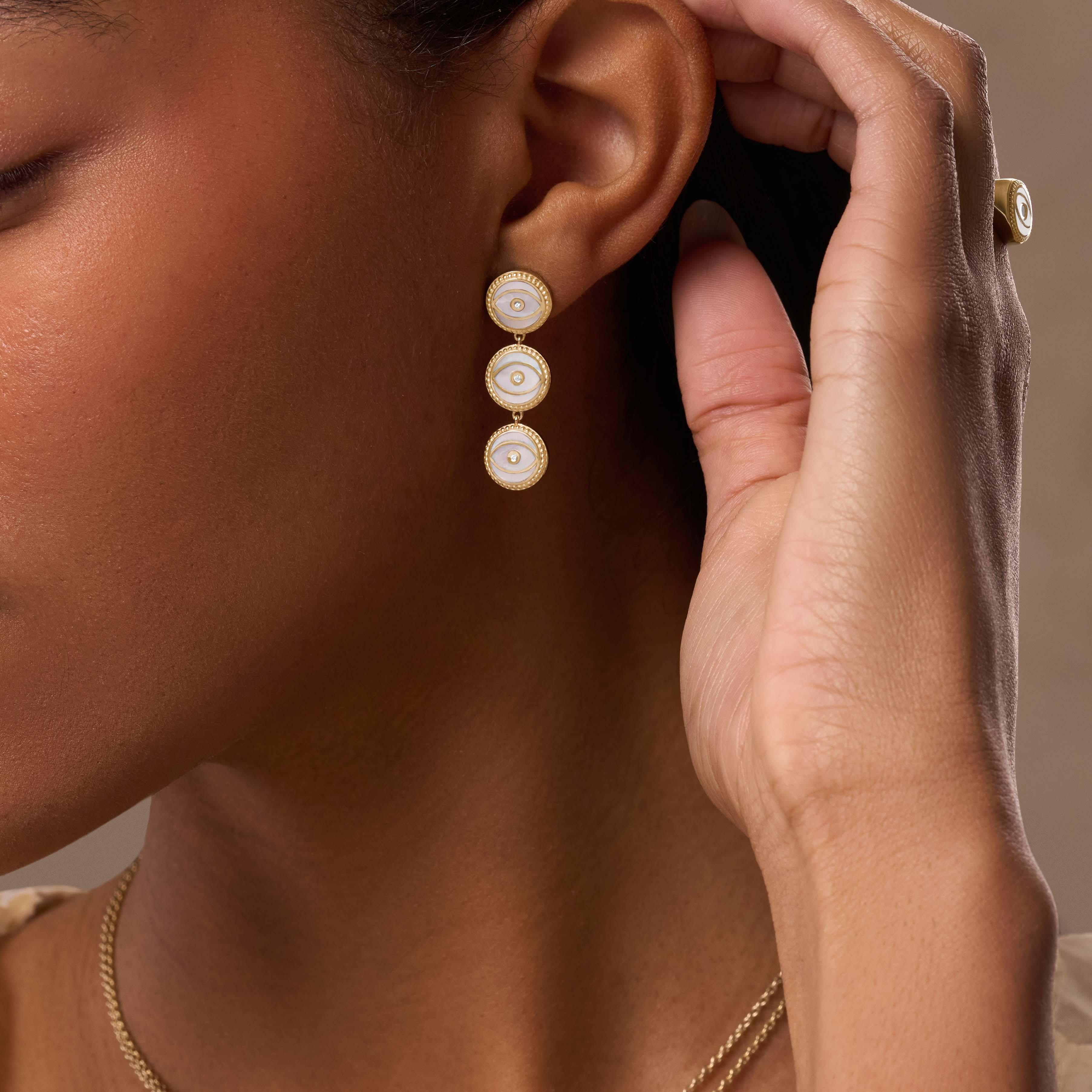 Triple Blessings Evil Eye Mother of Pearl Earrings - Image 2