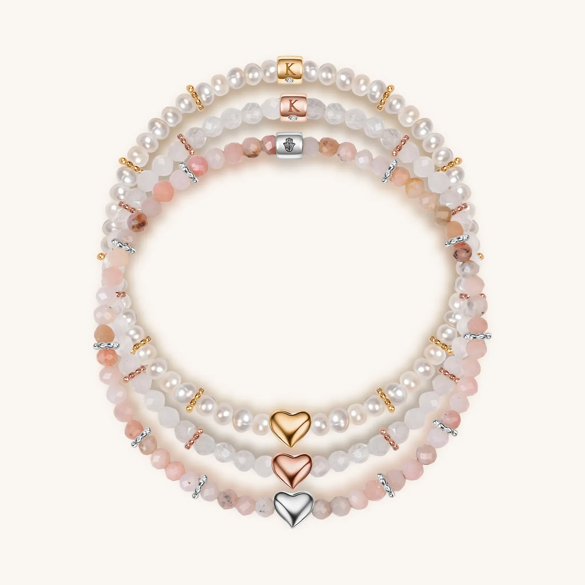 Love Generator - Triple Heart Moonstone Pink Opal Pearl Bracelet Stack