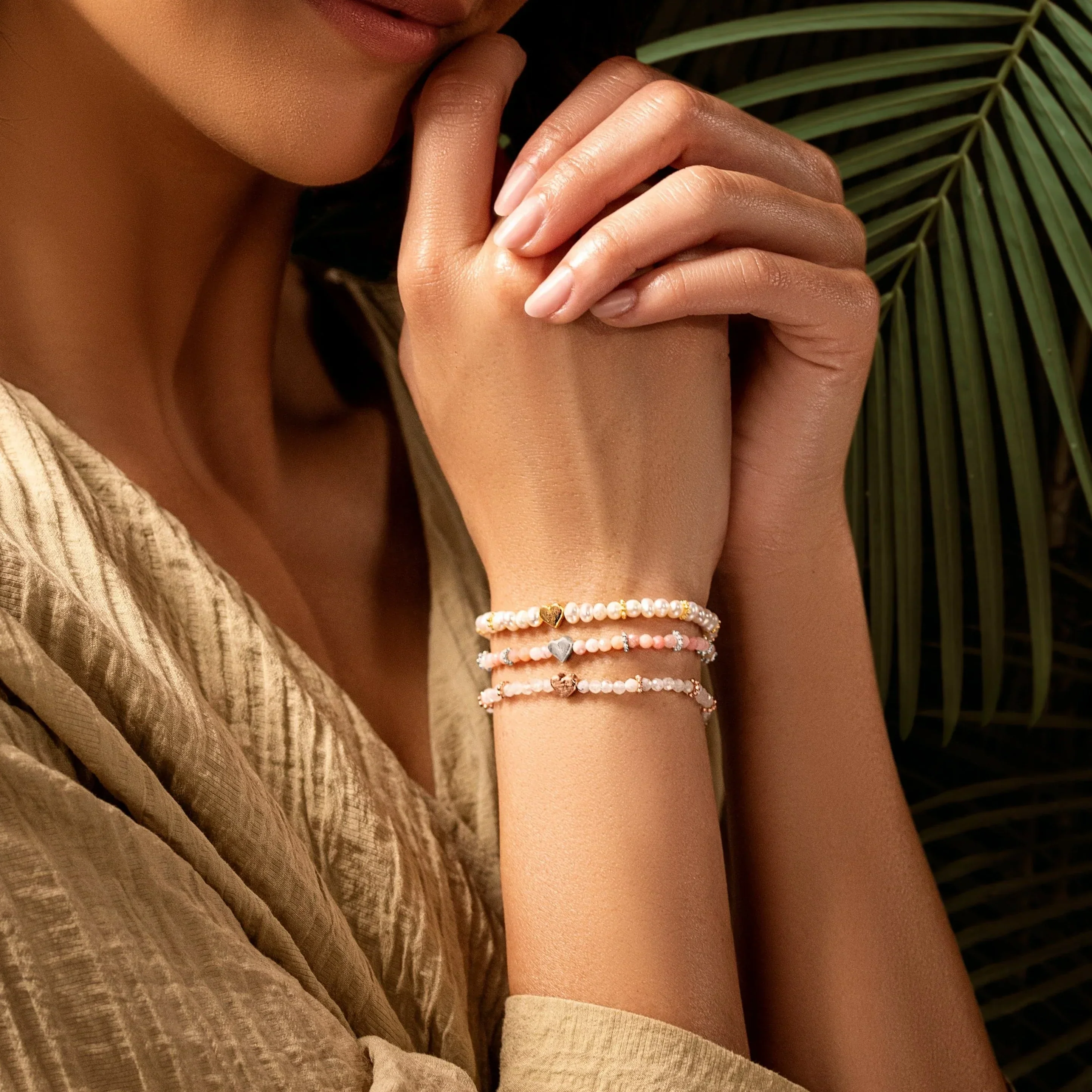 Love Generator - Triple Heart Moonstone Pink Opal Pearl Bracelet Stack - Image 2