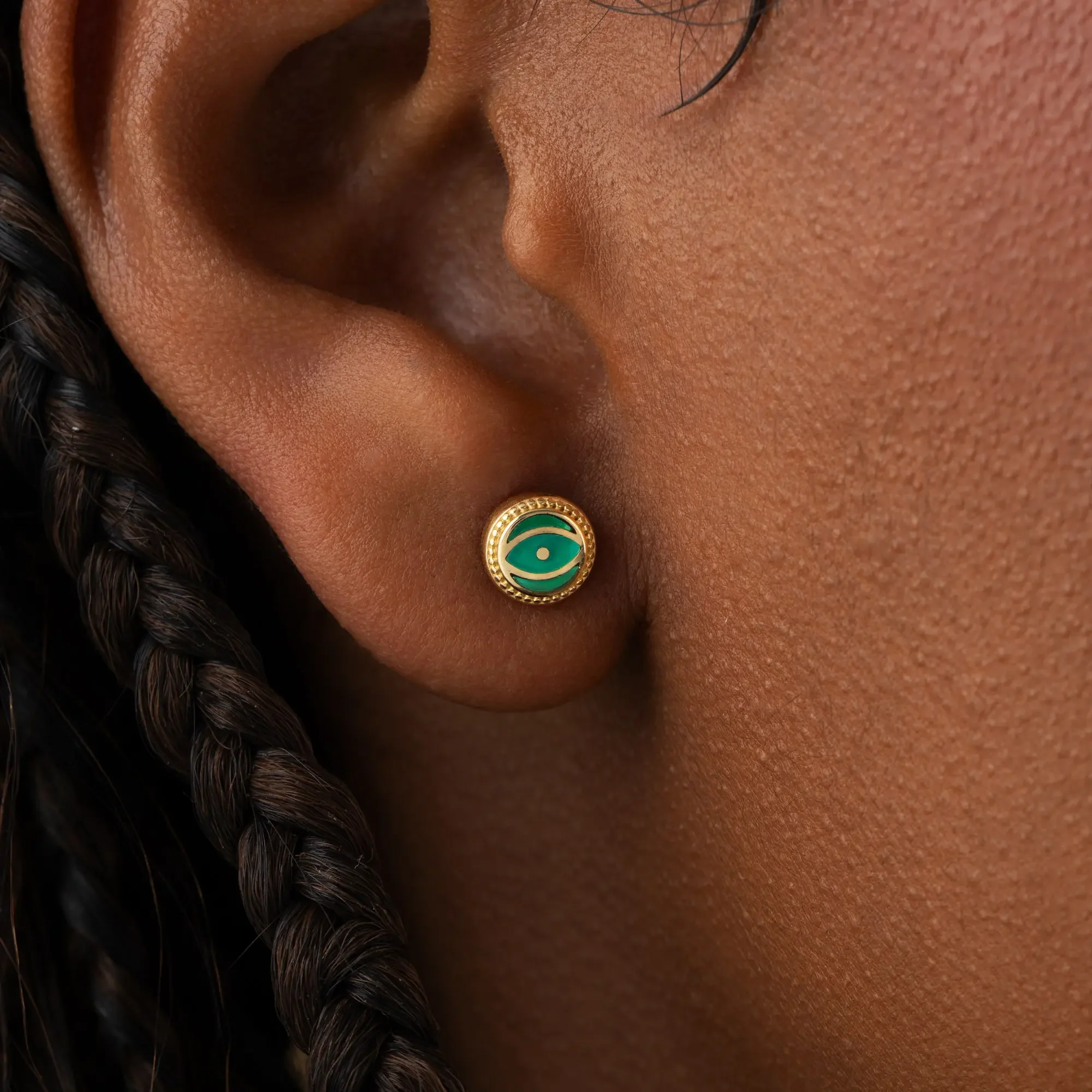 Verdant Guardian - Emerald Agate May Birthstone Evil Eye Gold Stud Earrings - Image 2
