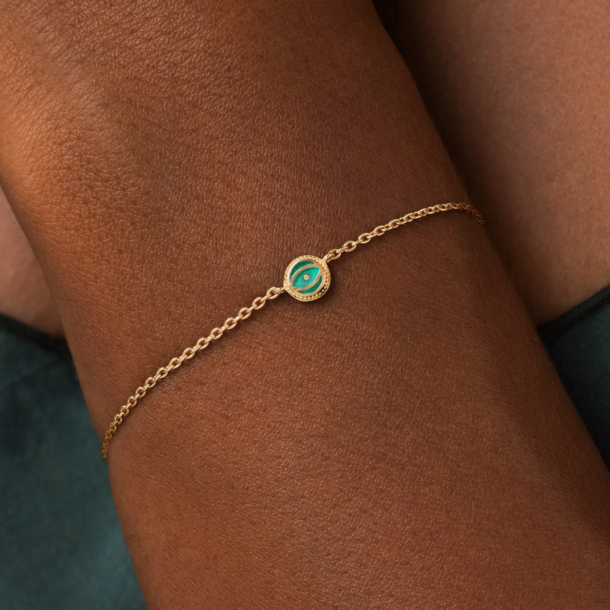 Verdant Guardian - Emerald Agate May Birthstone Evil Eye Gold Bracelet - Image 2